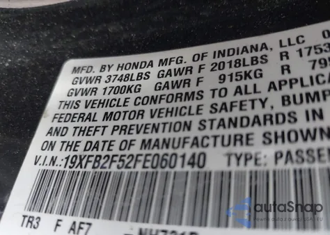 2015 Honda Civic Lx из США, поврежденный, VIN 19XFB2F52FE060140